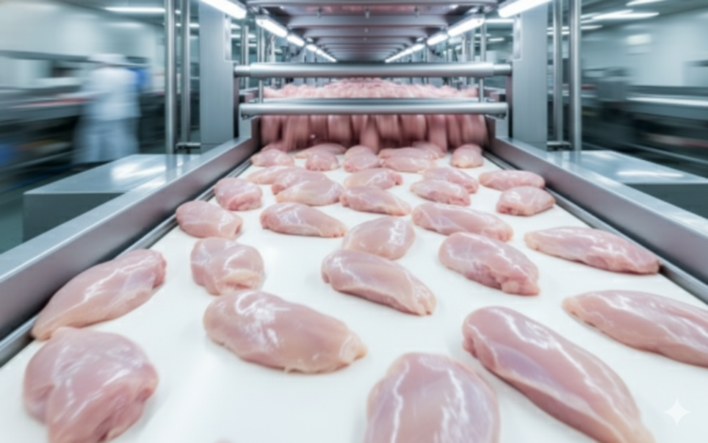 chicken breasts being processed on a line